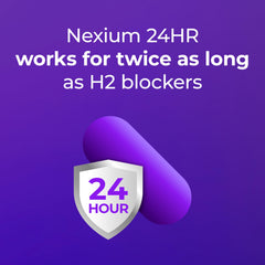 Nexium 24HR mini-packaging on shelf demonstrates portable protection for day and night
