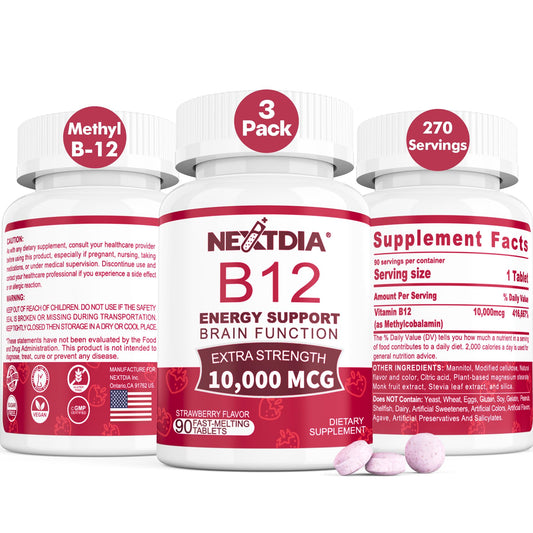 Nextdia B12 sublingual tablet dissolving under tongue for quick energy support.