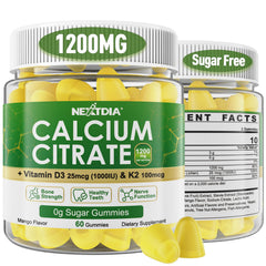 Nextdia calcium citrate 1200mg bottle highlights bone support and easy-to-digest chews.