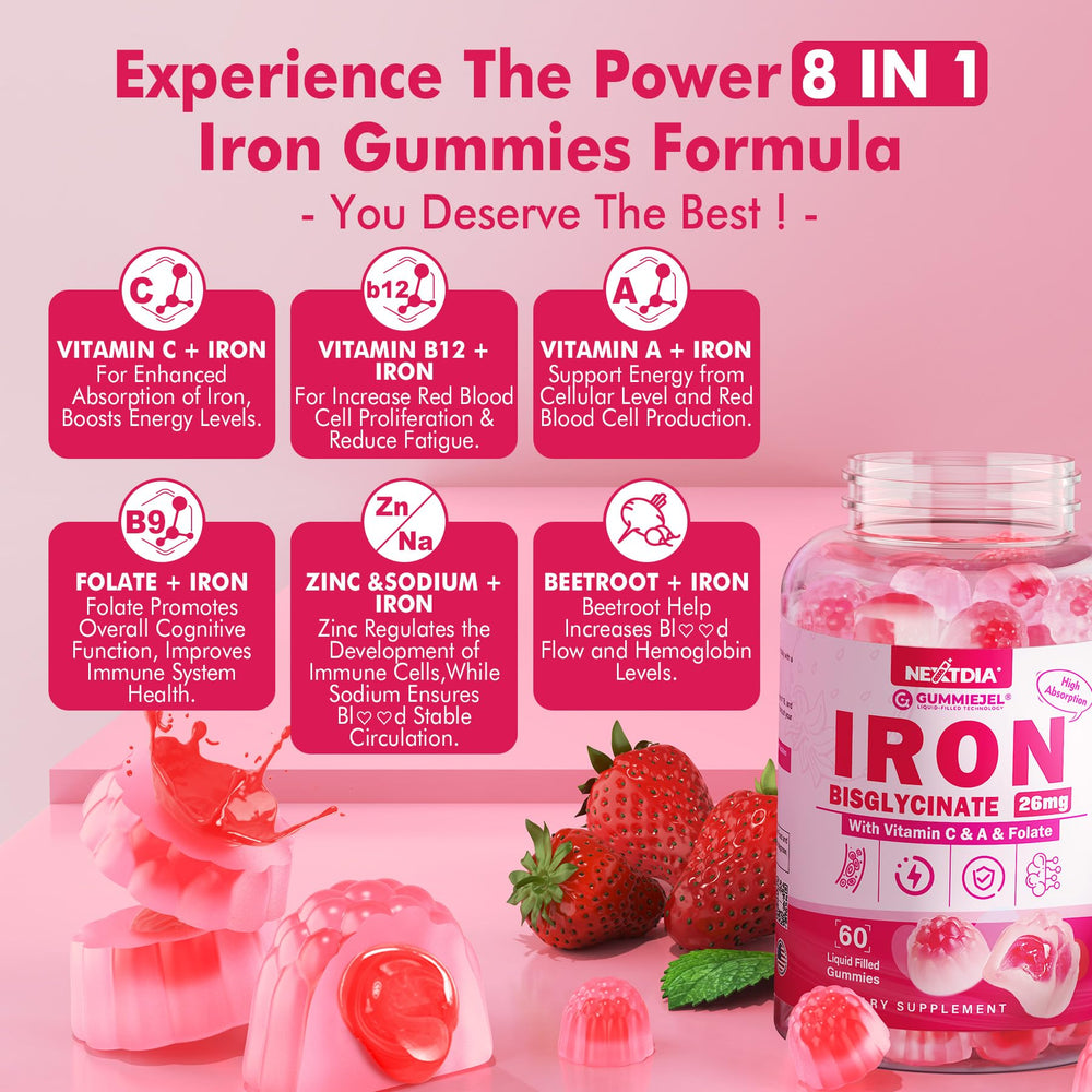 Organic beetroot imagery accompanies the 26 mg iron bisglycinate blend.
