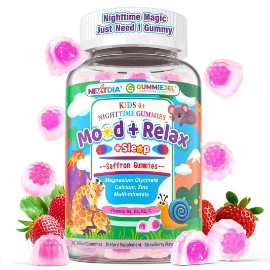 Nextdia Kids 4+ Sleep Gummies bottle promotes a melatonin-free bedtime routine for calm nights.