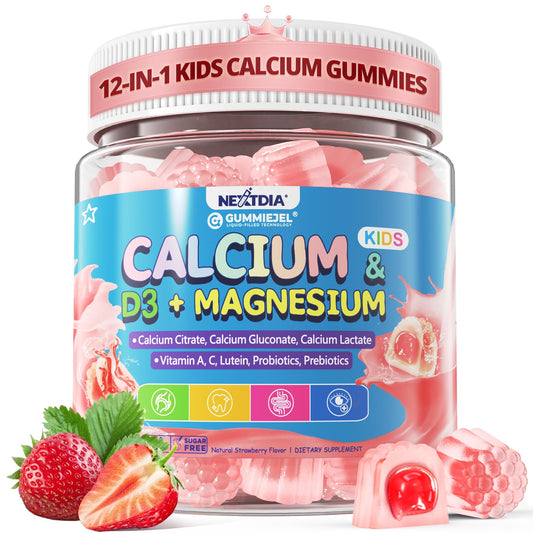 Nextdia Kids Calcium Gummies bottle with strawberry flavor for growing bones.