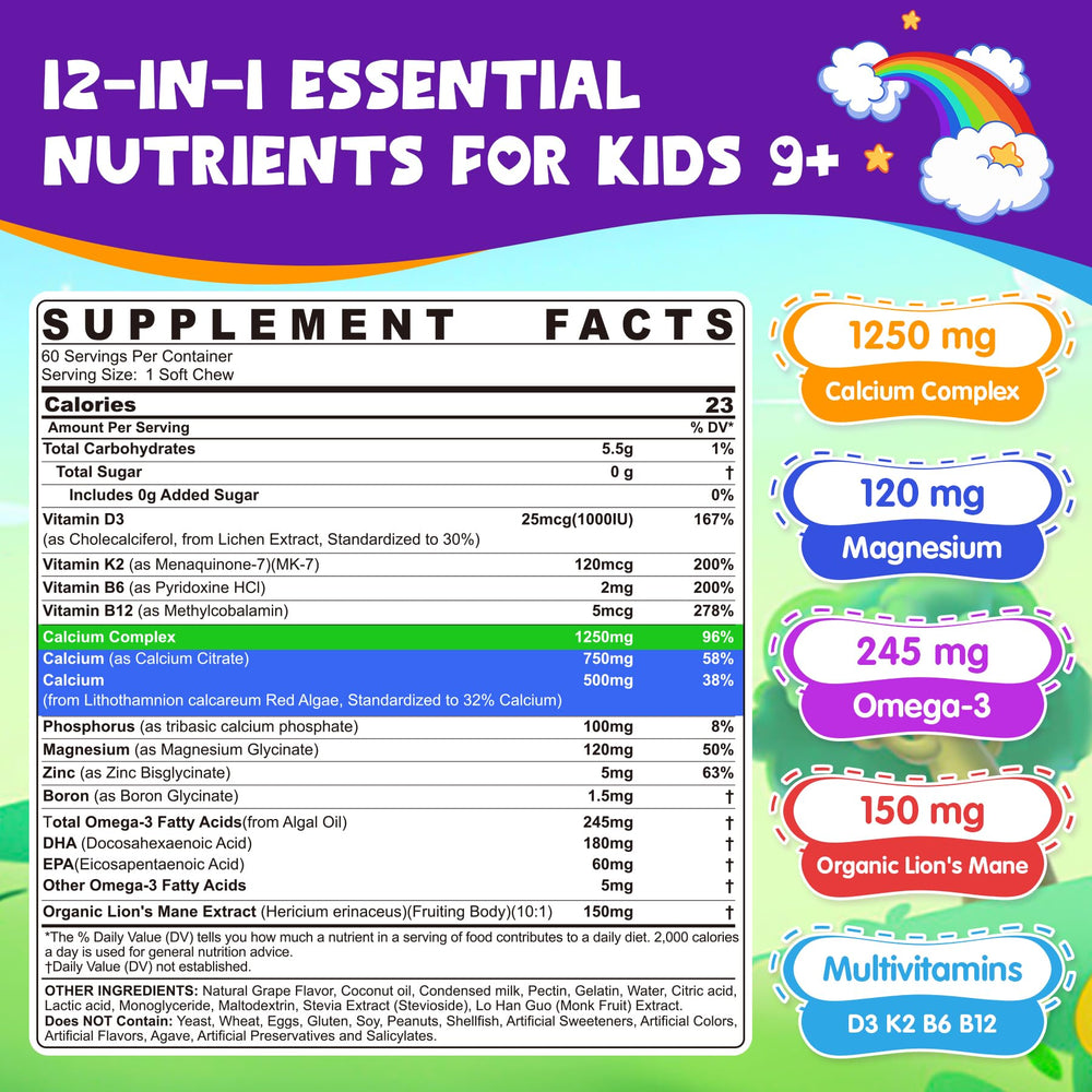 Nextdia Kids Calcium Soft Chews packaging highlights 12-in-1 nutrients for active kids