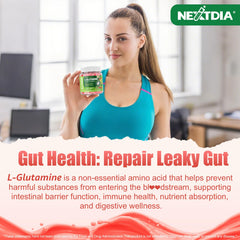 Nextdia L-Glutamine 1200mg ingredients panel highlights digestive botanicals and minerals.