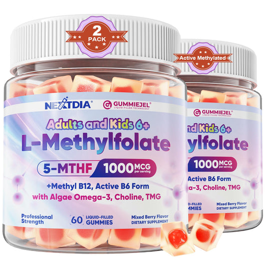 Nextdia L-Methylfolate gummies bottle front with gummies offering energy and focus support.