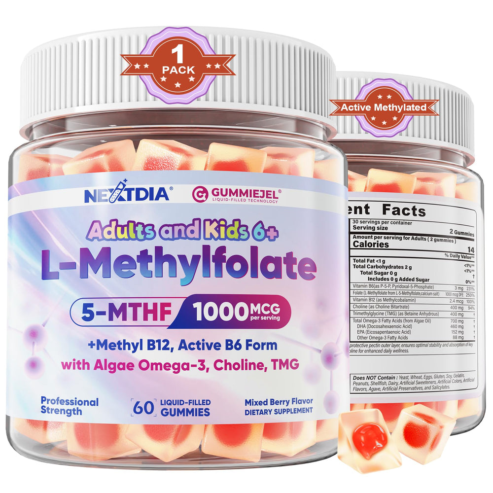 Nextdia L-Methylfolate gummies bottle close-up supports daily focus and energy.