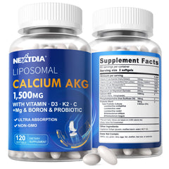 Nextdia liposomal calcium AKG softgels bottle highlighting enhanced bioavailability for bone support