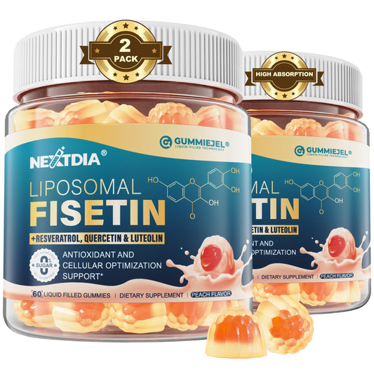 Nextdia Liposomal Fisetin Gummies packaging highlights premium vegan formula for daily use
