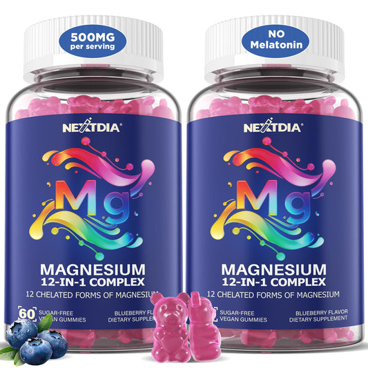 Nextdia Magnesium 12-in-1 Gummies bottle for daily relaxation and restful sleep.