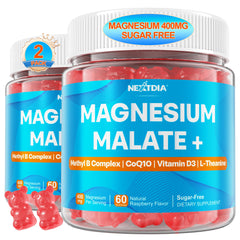 Nextdia Magnesium Malate Gummies bottle view highlighting sugar-free energy support.