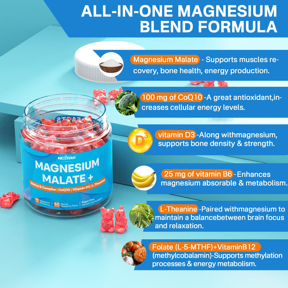 Nextdia Magnesium Malate Gummies sugar-free label and clean ingredients.