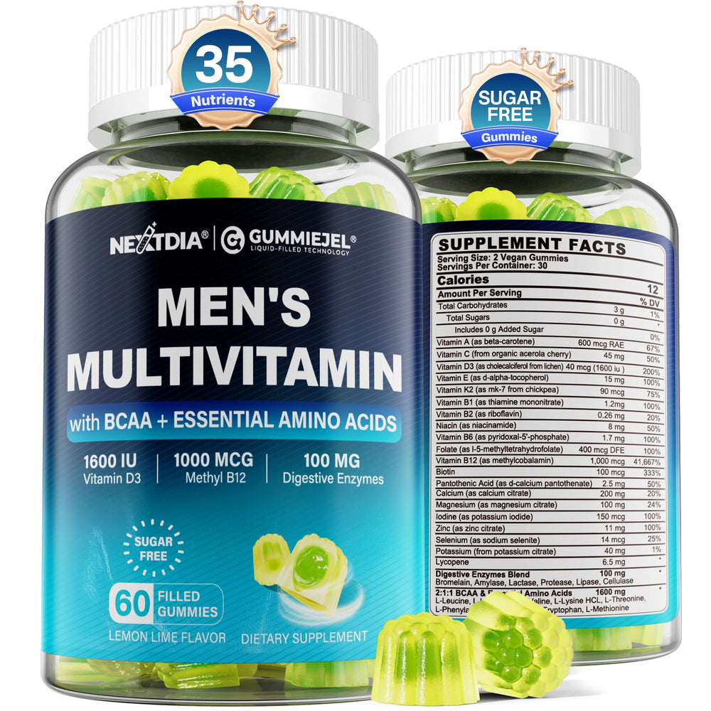 Nextdia methylated multivitamin for men gummies bottle highlights compact daily-use packaging.