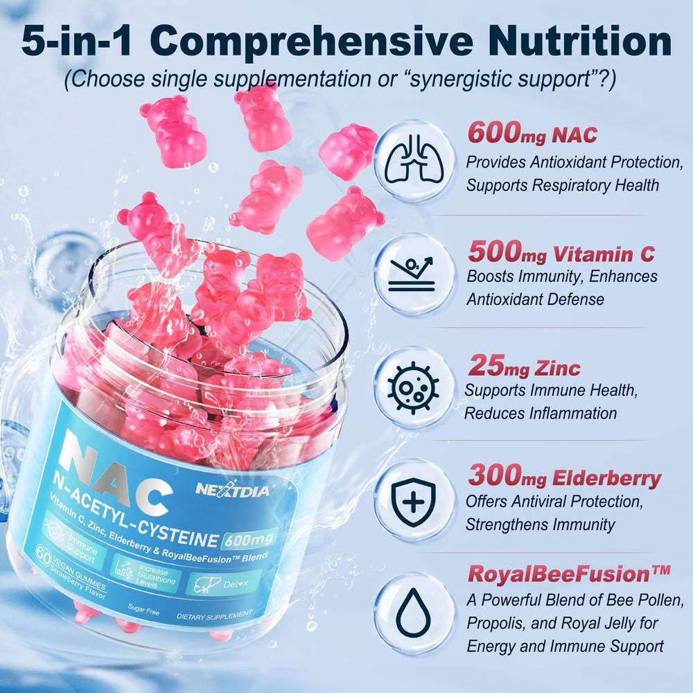 Nextdia NAC Gummies vegan, non-GMO, produced in FDA-registered facility.