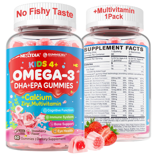 Nextdia Omega 3 Kids bottle front shows sugar-free gummies for daily support