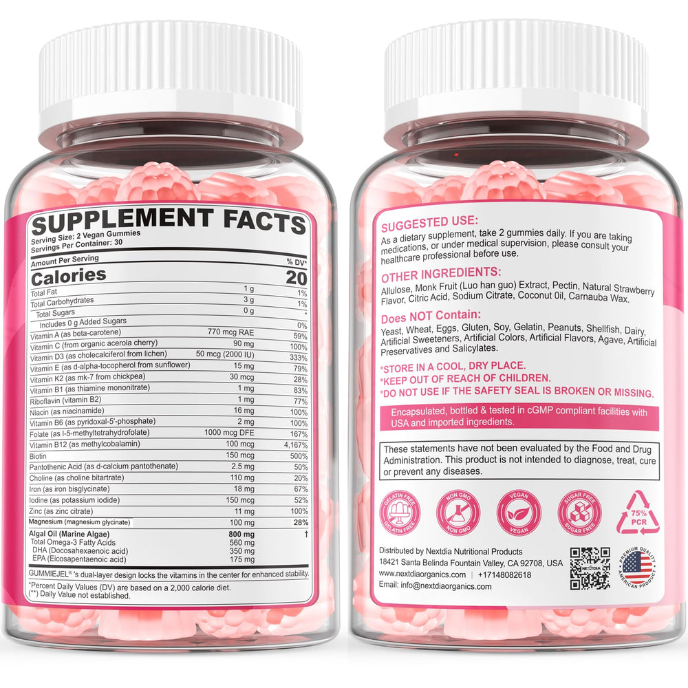Nextdia Prenatal Gummies sugar-free sweeteners from monk fruit and allulose.