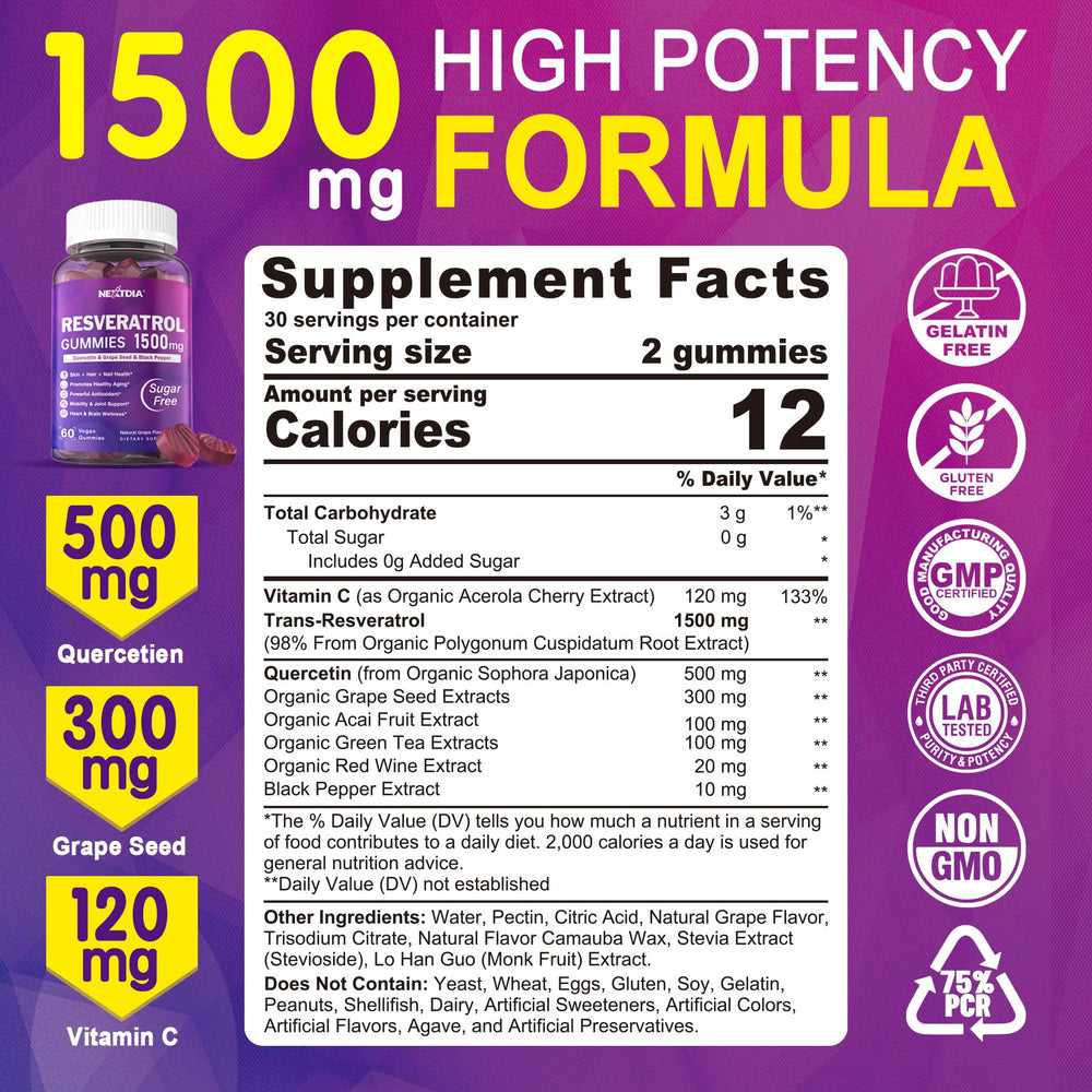 Nextdia Resveratrol Gummies bottle side highlighting sugar-free vegan formulation for daily use