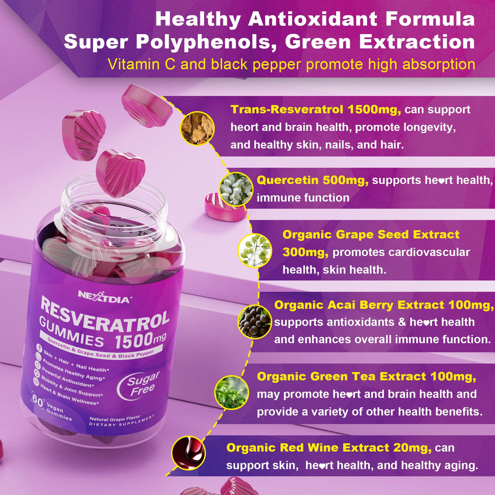 Close-up of Nextdia Resveratrol Gummies texture showing non-bitter vegan gummies