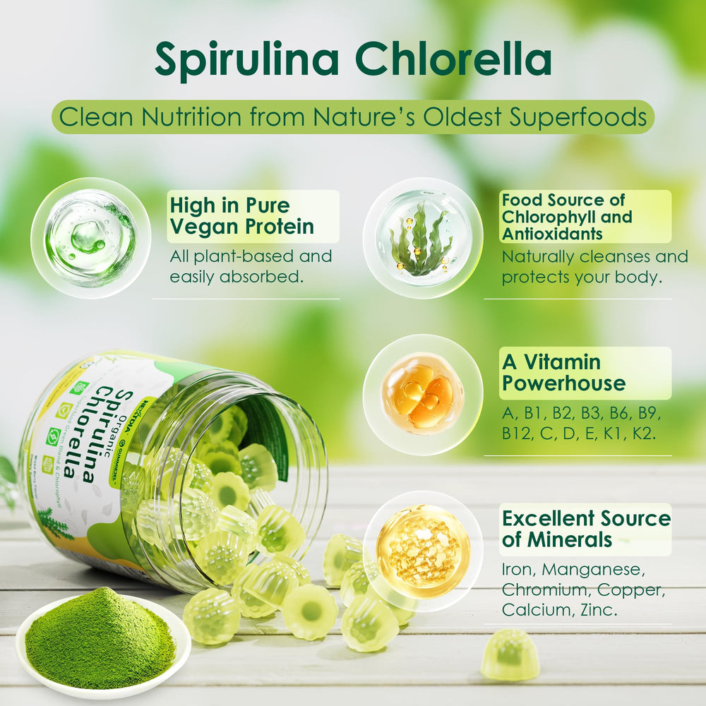 Nextdia Spirulina-Chlorella Gummies label shows clean ingredients.