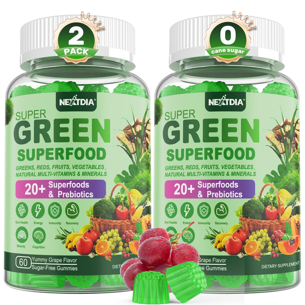 Nextdia Super Greens Gummies bottle front displaying grape flavor and daily wellness potential.