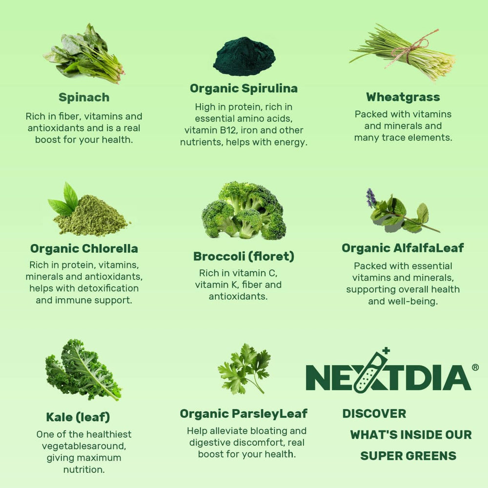 Nextdia Super Greens is shown with probiotic fiber for gut support.