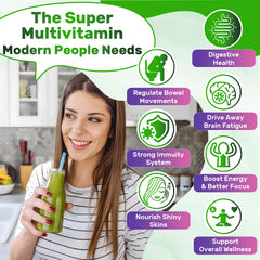 Nextdia Super Greens bottle alongside glass reinforces convenient daily use.