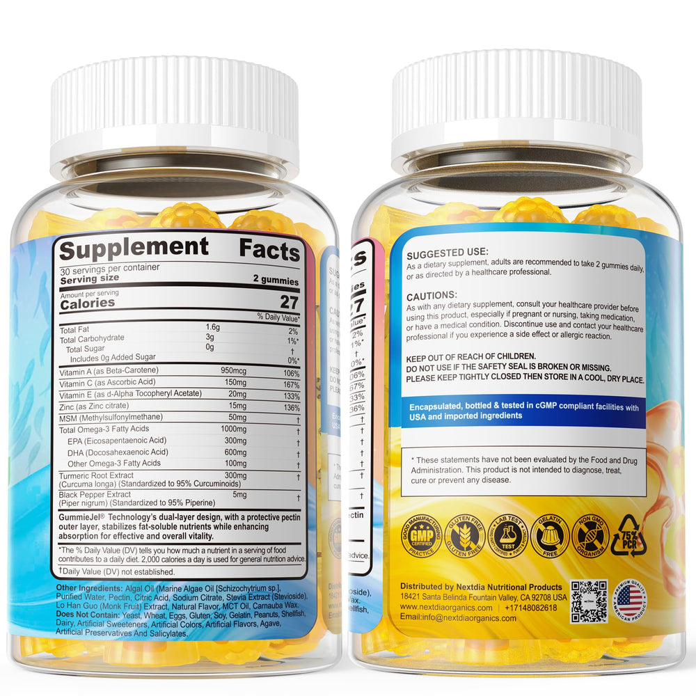 Nextdia Omega-3 Gummies packaging box with product photography evokes gifting and wellness