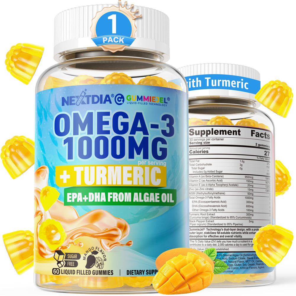 Nextdia Vegan Omega-3 Gummies bottle front with turmeric highlighting a plant-based mobility option