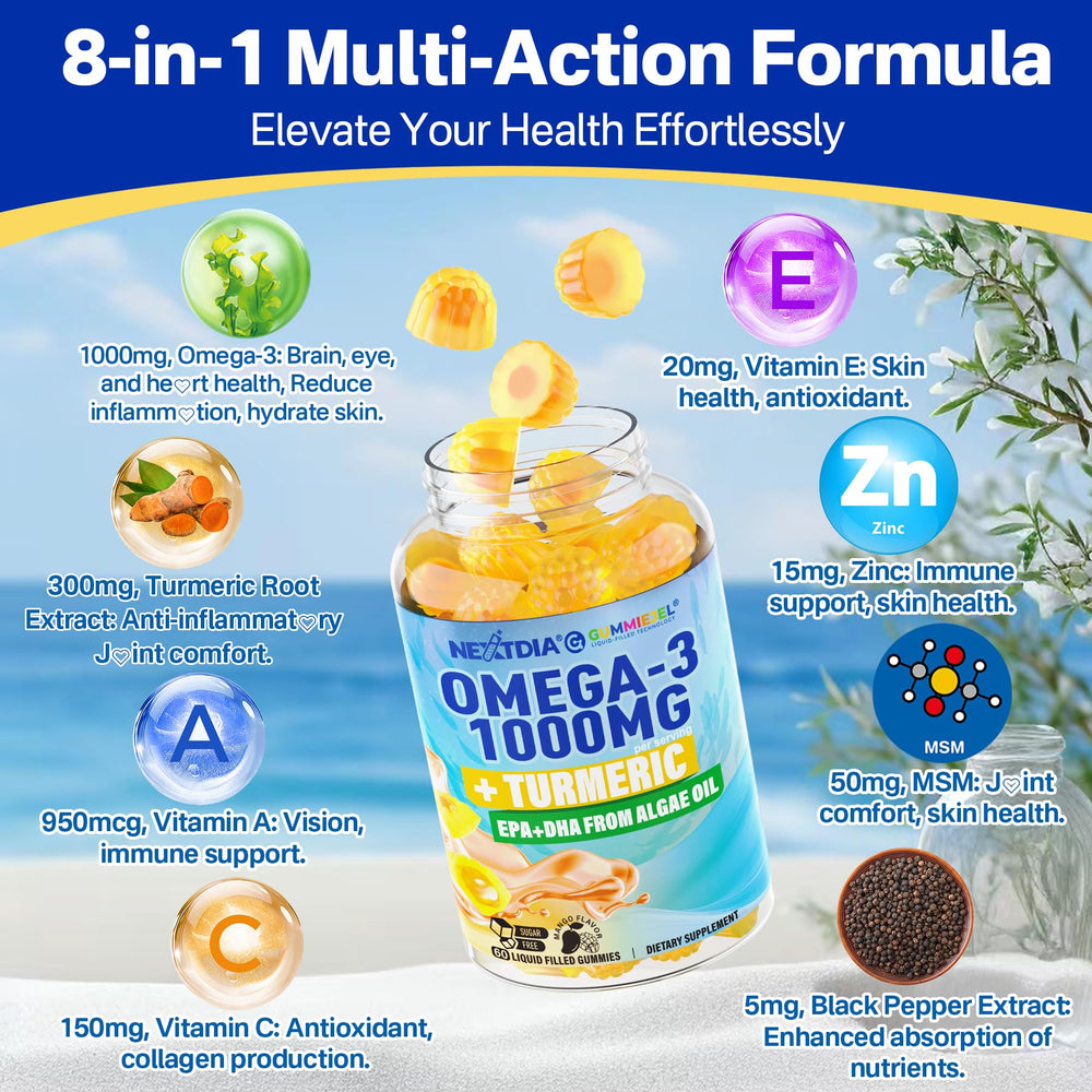 Nextdia Vegan Omega-3 Gummies sustainability badge and vegan label reflect eco-friendly sourcing