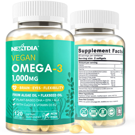 Nextdia vegan omega3 bottle with softgels for easy daily intake.