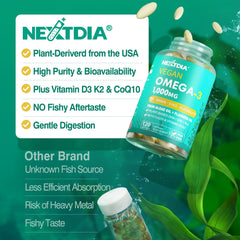 Nextdia vegan omega3 bottle pour demonstrating simple daily dosage.