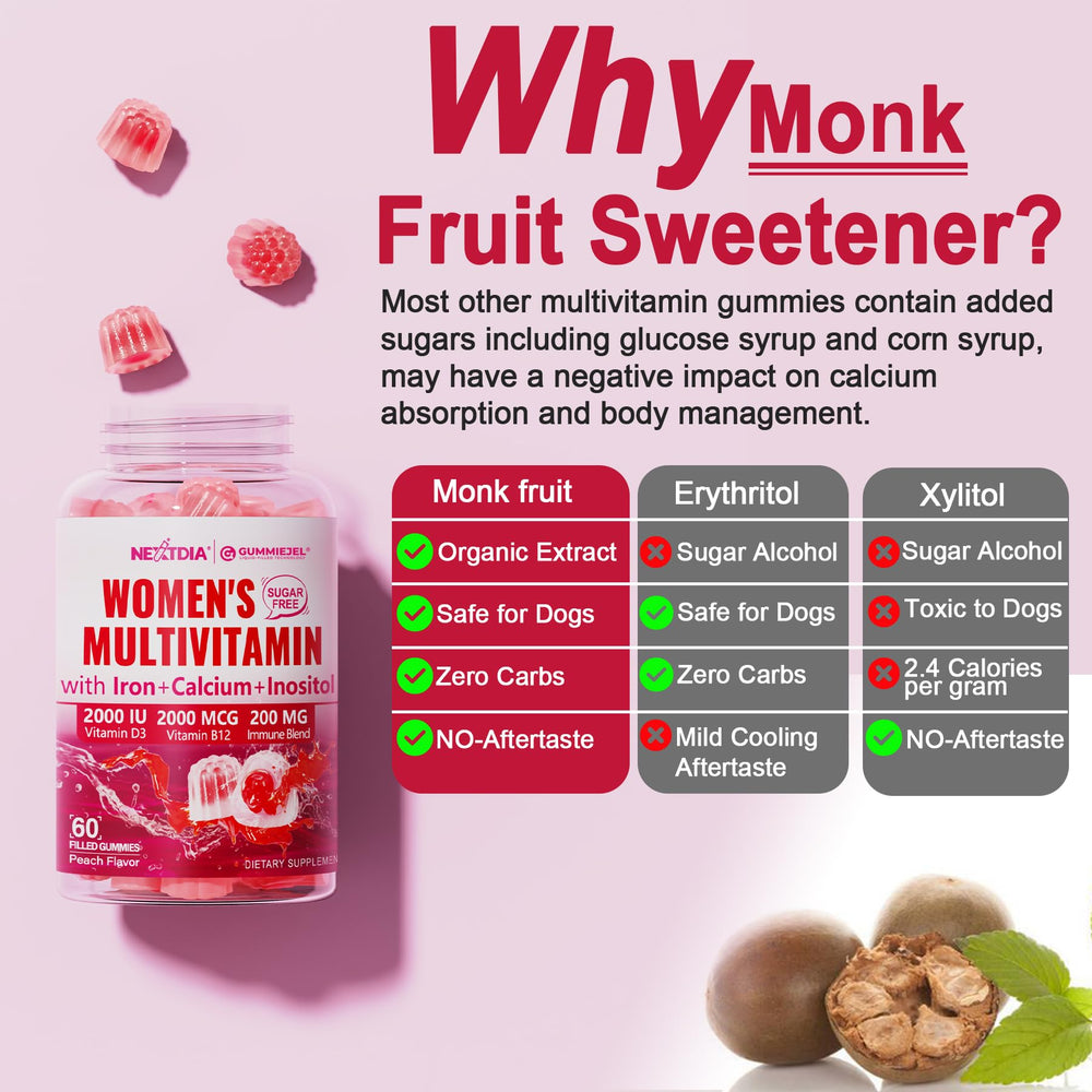 Nextdia vegan sugar-free gummies; monk fruit sweetened for sugar-free enjoyment.
