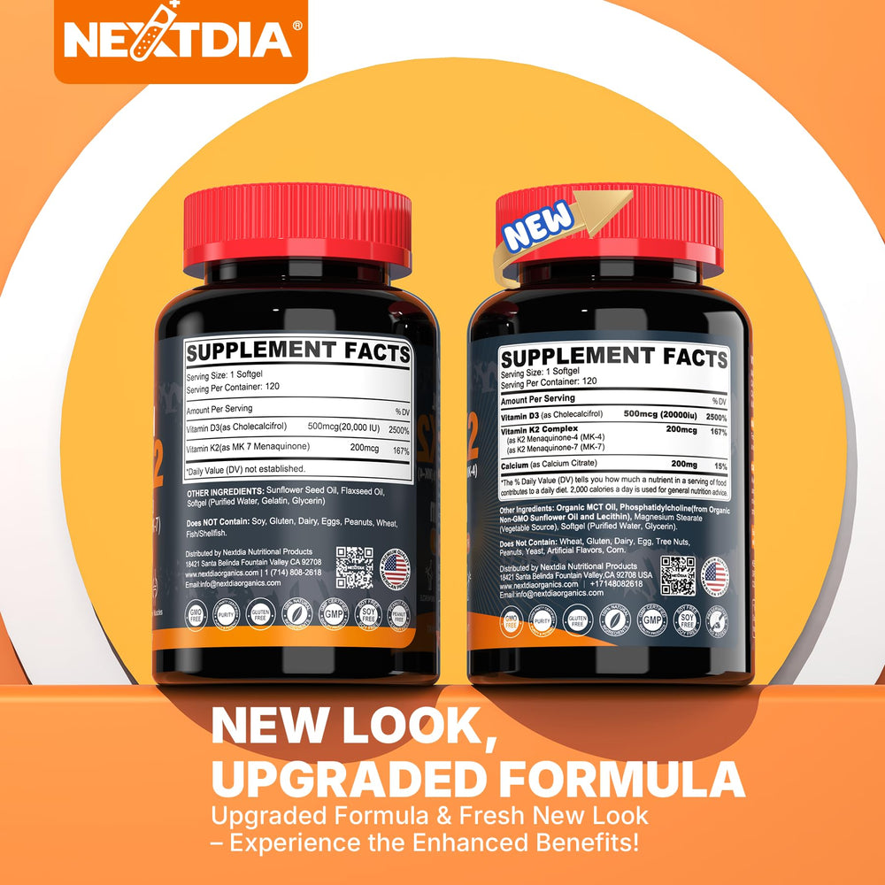 Closeup of Nextdia D3 20k IU K2 softgels for easy swallowing.
