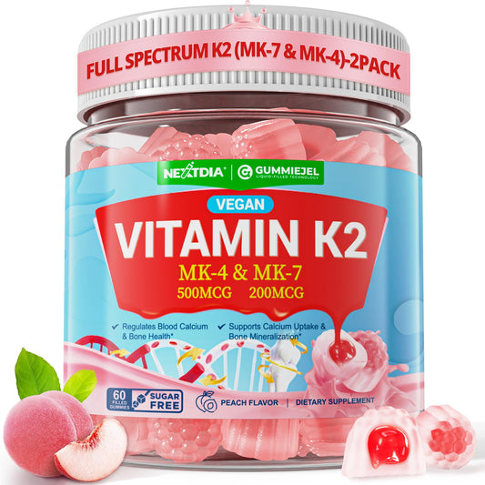 Nextdia Vitamin K2 Gummies bottle with peach flavor and full-spectrum benefits.