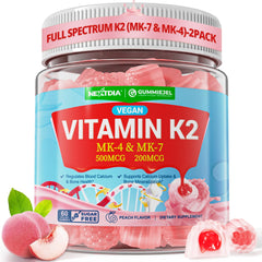Nextdia Vitamin K2 Gummies bottle with peach flavor and full-spectrum benefits.