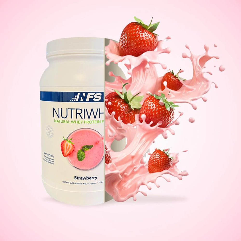NF Sports NutriWhey Alpine Strawberry close‑up of nutrition panel and ingredients