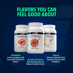 NF Sports NutriWhey vanilla powder with gym backdrop promotes active lifestyle.