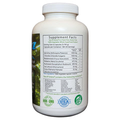 Close-up of Sea of Greens capsules highlighting plant-based protein and minerals.