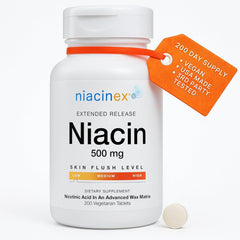 Niacinex bottle front shows extended time-release vitamin B3 for heart health support