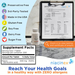 Niacinex tablets closeup emphasizes small, easy-to-swallow form for daily use