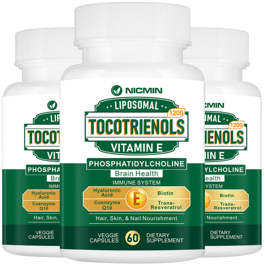 NICMIN Tocotrienols bottle label highlighting 1200 mg formula for potential antioxidant support