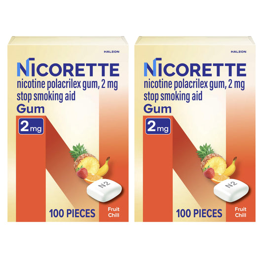 Nicorette 2 mg Fruit Chill gum pack for lasting flavor and craving relief.