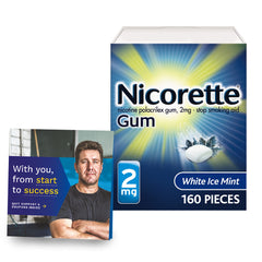 Nicorette 2 mg nicotine gum White Ice Mint pack front, craving relief at hand.