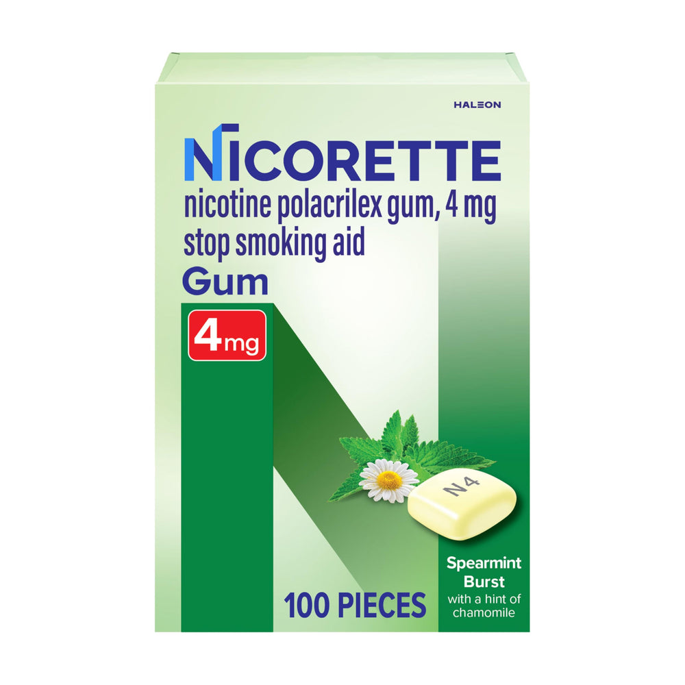 Nicorette 4mg Spearmint Burst pack shot showing a 100-count box for quitting support