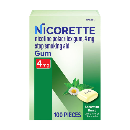 Nicorette 4mg Spearmint Burst pack shot showing a 100-count box for quitting support