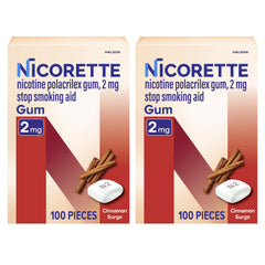 Nicorette Cinnamon Surge gum packaging shows a portable quit aid to manage cravings.