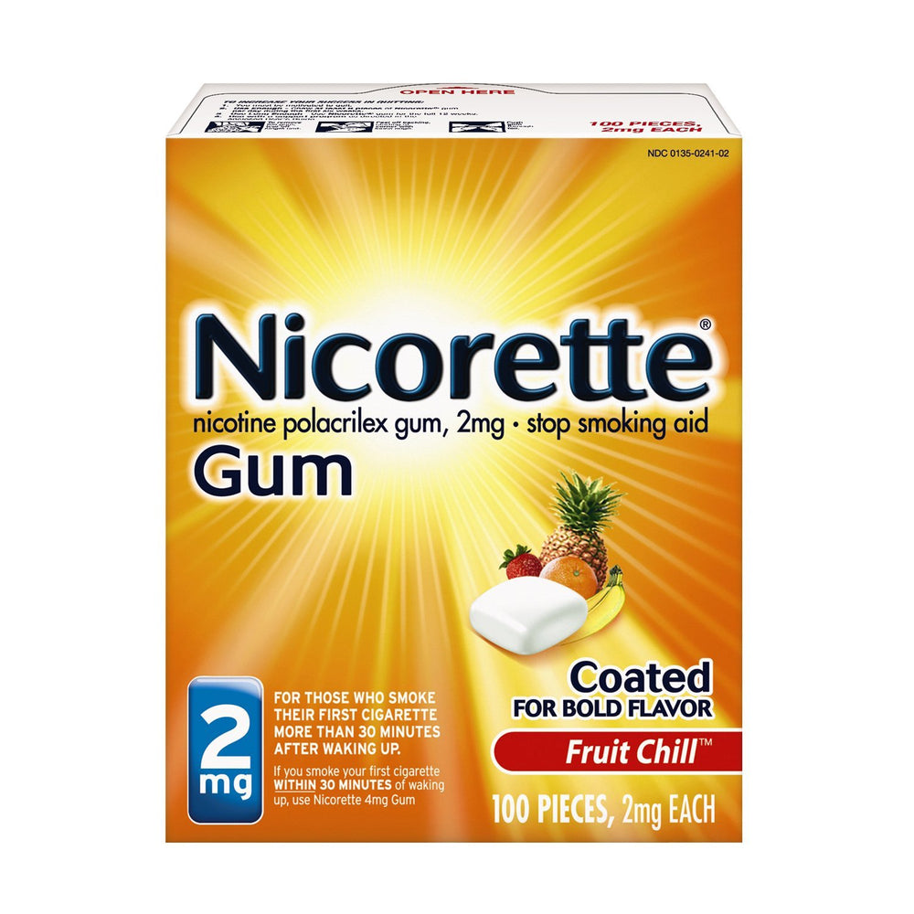 Nicorette Fruit Chill box front with 100-count pack for craving relief