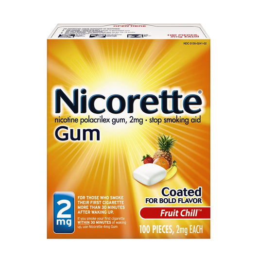Nicorette Fruit Chill box front with 100-count pack for craving relief