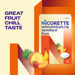 Nicorette Fruit Chill gum label highlights dosage and usage guidance.