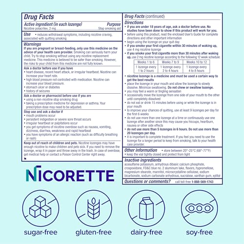 Nicorette Mini Lozenges label highlights directions and safety notes.