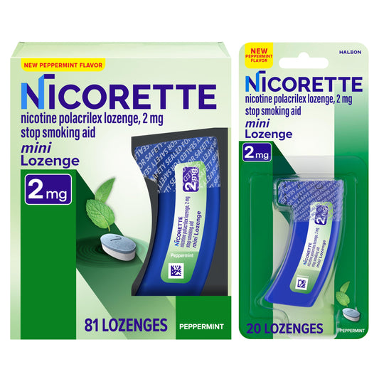 Nicorette Mini Lozenges packaging demonstrates compact design for discreet on-the-go use.